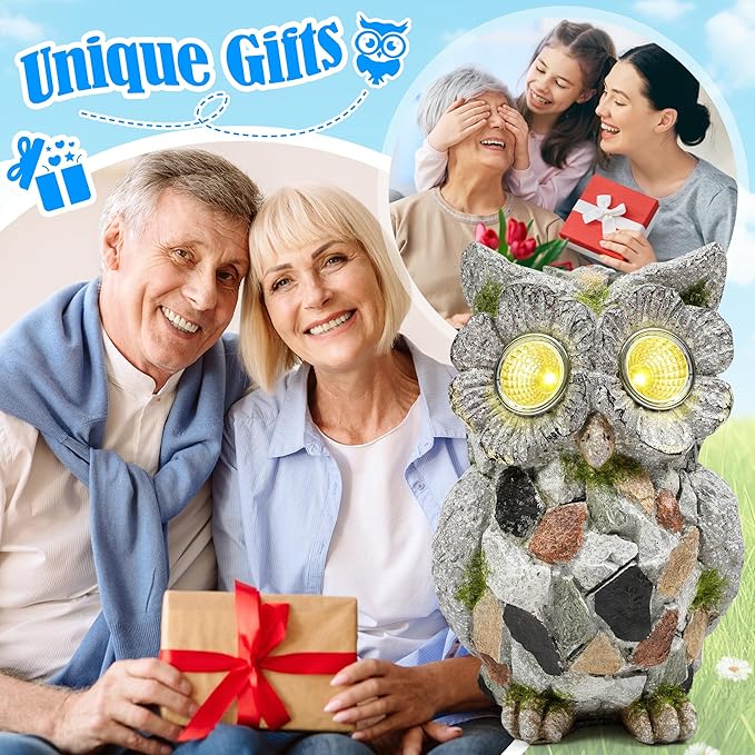 Garden Owl Statue Outdoor Decor with Solar Lights, Resin Owl Figurines for Patio Yard Porch Lawn Solar Owls Decorations Birthday Gift for Women Bird Lovers