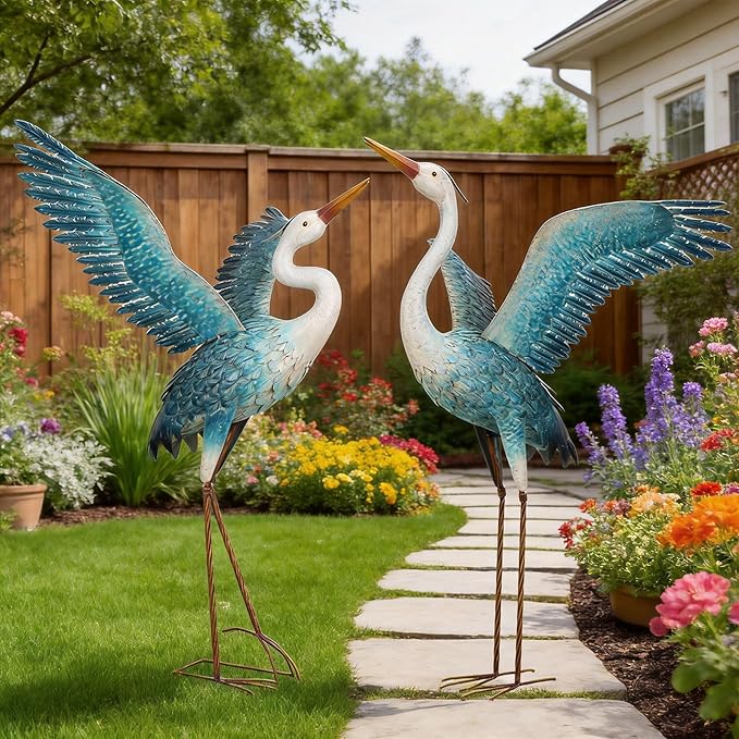 chisheen Garden Statue Outdoor Metal Heron Crane Yard Art Sculpture for Lawn Patio Backyard Decoration,46 inch (2-Pack) (White&Blue)