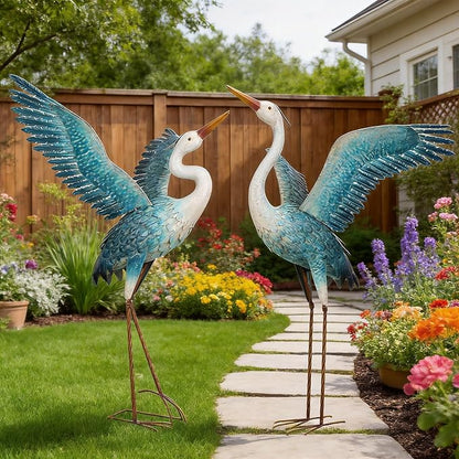 chisheen Garden Statue Outdoor Metal Heron Crane Yard Art Sculpture for Lawn Patio Backyard Decoration,46 inch (2-Pack) (White&Blue)