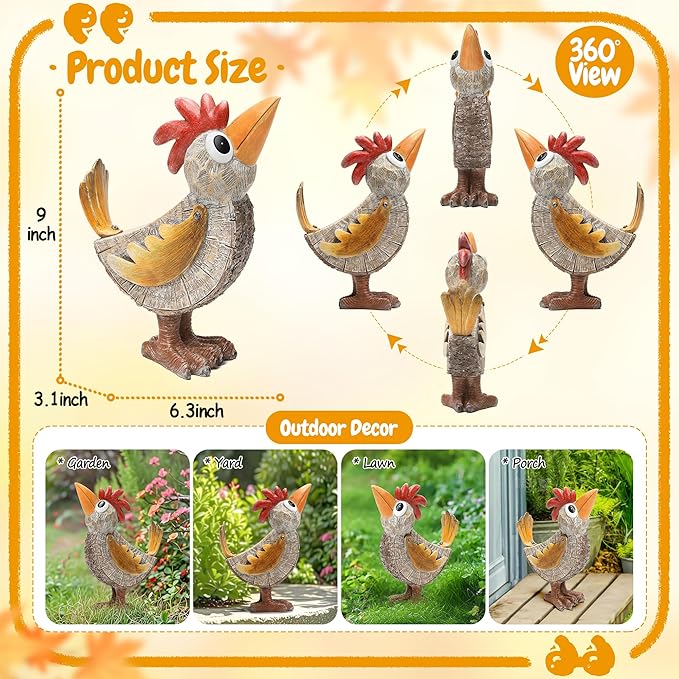 Outdoor Whimsical Rooster Statue Resin Chicken Art Sculpture Garden Rooster Figurine Decoration, Rustic Roosters Decor, Animal Ornament for Yard, Lawn, Home, Office, Garden Gifts