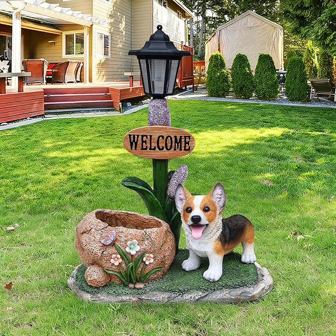 Solar Garden Statue with Planter & Solar Lantern, Outdoor Resin Animal Sculpture, Waterproof Yard Lawn Decor Pot for Succulents, Front Porch Ornament Housewarming Gift (Corgi)