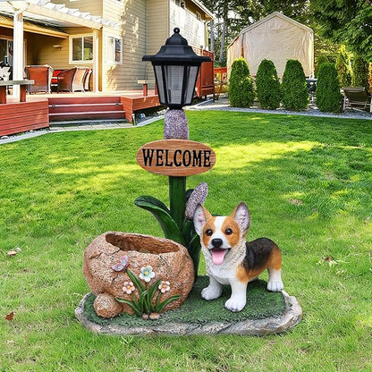 Solar Garden Statue with Planter & Solar Lantern, Outdoor Resin Animal Sculpture, Waterproof Yard Lawn Decor Pot for Succulents, Front Porch Ornament Housewarming Gift (Corgi)