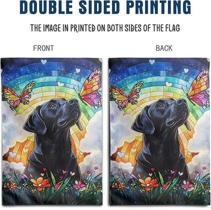 Stained Glass Black Lab Garden Flag for Outside 12x18 Double Sided Small Rainbow Bridge Labrador Dog Memorial Yard Banners Bereavement Pet Sympathy Gift