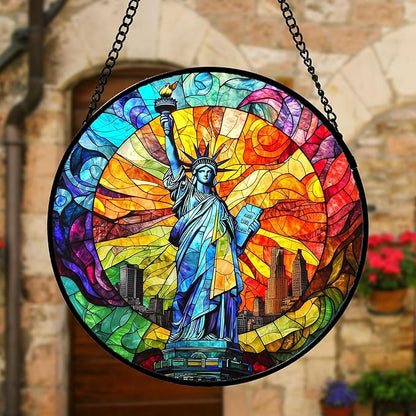 DASTOLL Stained Glass Window Hanging, Statue of Liberty Sun Catchers Diamond Glass Panel Hangings Suncatcher Decor for Birthday for Women, Men, Wife, Aunt, and Mom 9.8x9.8 in