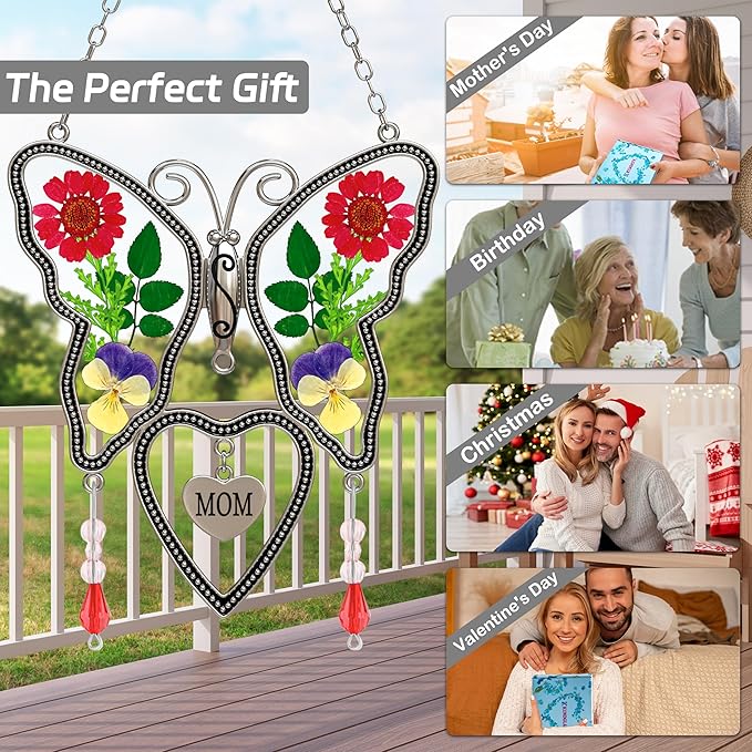 Butterfly Suncatcher Plus Mom Stained Glass Heart with Cross Charm, Window Hanger Sun Catcher with Real Flower Pressed on Wings Wind Chime Ornament for Gift fow Women Mother’s Day, Birthday