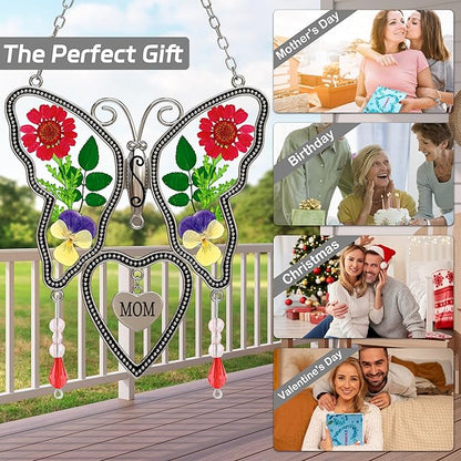 Butterfly Suncatcher Plus Mom Stained Glass Heart with Cross Charm, Window Hanger Sun Catcher with Real Flower Pressed on Wings Wind Chime Ornament for Gift fow Women Mother’s Day, Birthday