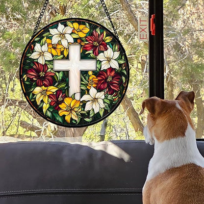 DASTOLL Stained Glass Window Hanging, Cross Flowers Sun Catchers Colorful Glass Panel Christianity Suncatcher Decor for Birthday for Women, Men, Wife, Aunt, and Mom 14.9x14.9 in