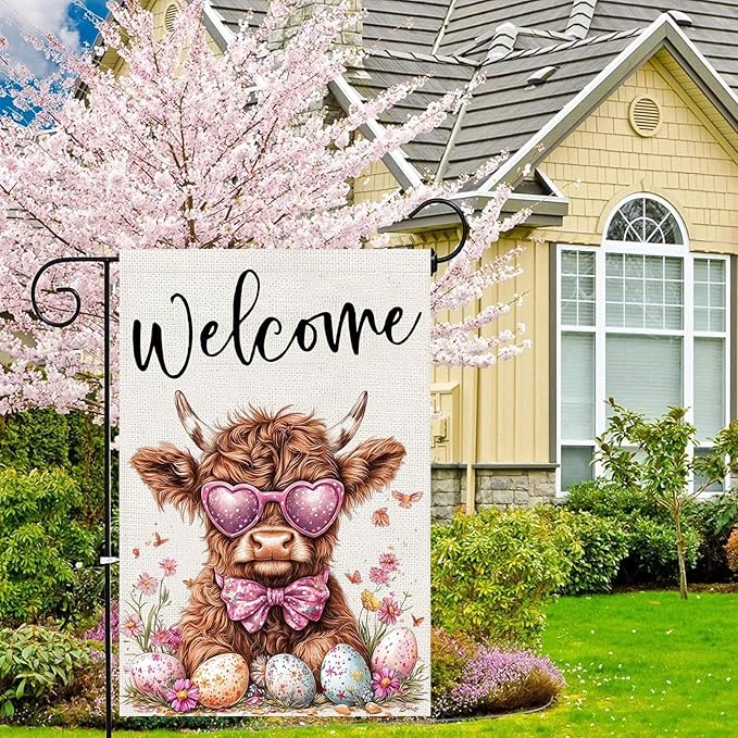 Welcome Cow Garden Flags 12x18 Inch Vertical Double Sided Outside, Easter Eggs Flowers Spring Yard Flag Decor, Holiday Outdoor Decorations for Home
