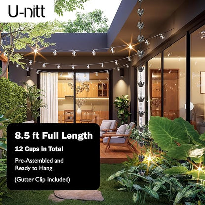 U-nitt Rain Chain Water Collection for Gutters Rainwater Catcher & Diverter, 8.5 FT Chains for Outside Garden, Copper Lily Cups, Roof Downspout, Works with Heavy Rain, w/Gutter Clip for Rainchains