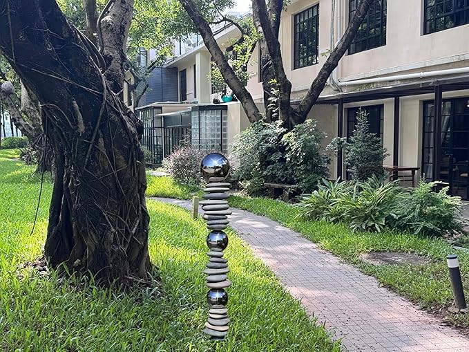 Zen Garden Ourdoor Decor - 32" Rock & Stainless Steel Sphere Sculpture Stake, Modern Yard Art for Landscape, Patio, or Pathway