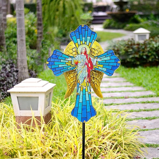 WAIU Solar Cross Garden Stake Lights, Metal Angel Wing & Acrylic Jesus Cross, Waterproof Outdoor Memorial Decor for Remembrance Gifts & Sympathy Gifts.