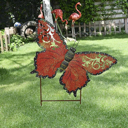 Aecipl Garden Decor Metal Butterfly Stakes Yard Sign Decorative Lawn Art Indoor Outdoor Plant Stake Patio Porch Pathway Backyard Decoration (Red)