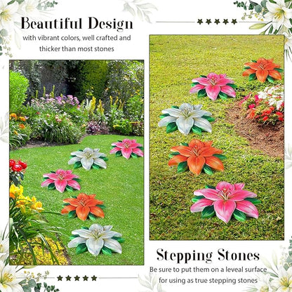 Cinnvoice 3 Pack Garden Stepping Stone Outdoor, Decorative Dimensional Resin Stepping Stones for Patio Pathway Landscaping Walkway Sculpture Yard Backyard Lawn(Lily,10 Inches)