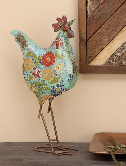 Deco 79 Eclectic Metal Garden Chicken Sculpture, 10" L x 5" W x 17" H, Multi Colored/Blue (Pack of 6)