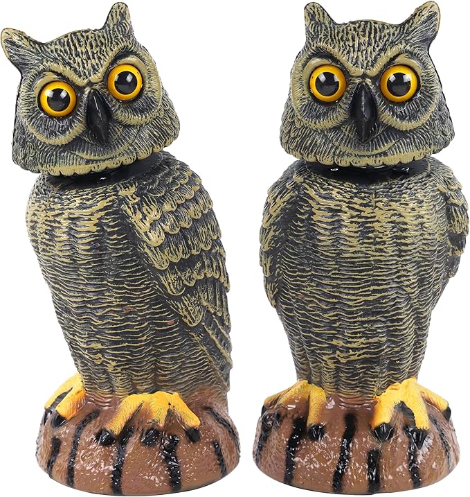 Hausse 2 Pack Bird Scarecrow Fake Owl Decoy Sculpture, 10.6 Inch Height Golden Rotating Head Plastic Owl Bird Deterrents, Nature Enemy Horned Pest Repellent for Outdoor Garden Yard