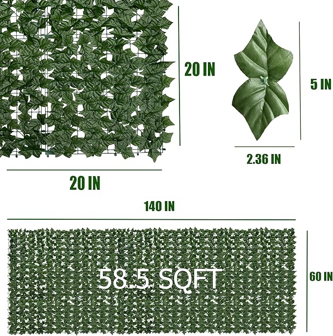 Artificial Ivy Privacy Fence Screen: 60" by 140" (58.5 SQFT) UV-Anti Faux Hedge Fence and Fake Ivy Vine Leaf Wall Panels for Indoor&Outdoor Green Backdrop, Garden Greenery Decor