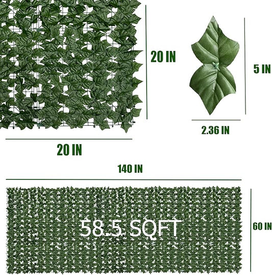 Artificial Ivy Privacy Fence Screen: 60" by 140" (58.5 SQFT) UV-Anti Faux Hedge Fence and Fake Ivy Vine Leaf Wall Panels for Indoor&Outdoor Green Backdrop, Garden Greenery Decor