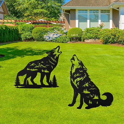 Romart Wolf Silhouette Garden Stakes Decorations - 2 Pcs Metal Howling Animals Statues, Black Rustic Animal Sculpture Set, Yard Art for Outdoor Garden & Patio Lawn