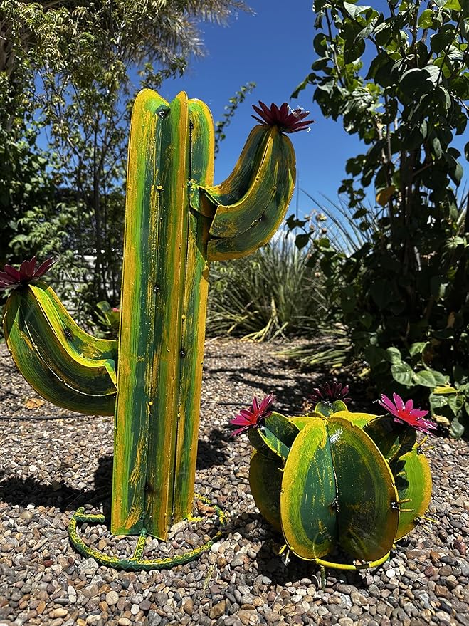 Colorful Metal Saguaro Cactus with Flowers - Handmade Garden Decor (Multicolor)