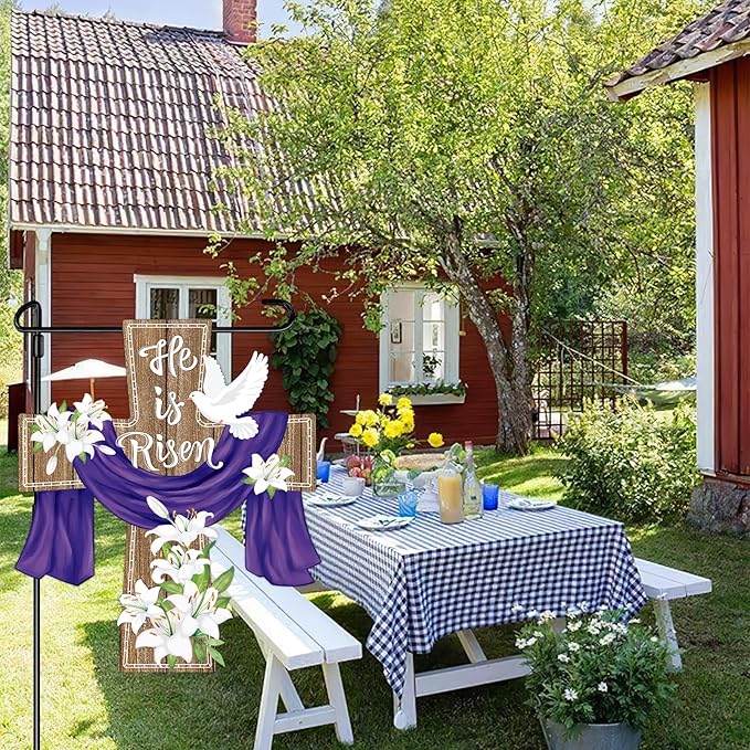 He is Risen Easter Decorations Cross Garden Banner Double-Sided Printed Flag Sheep Yard Flags Bunting Outdoor House Yard Rise Christian Jesus Lily Flowers Spring Seasonal Decoration Cross