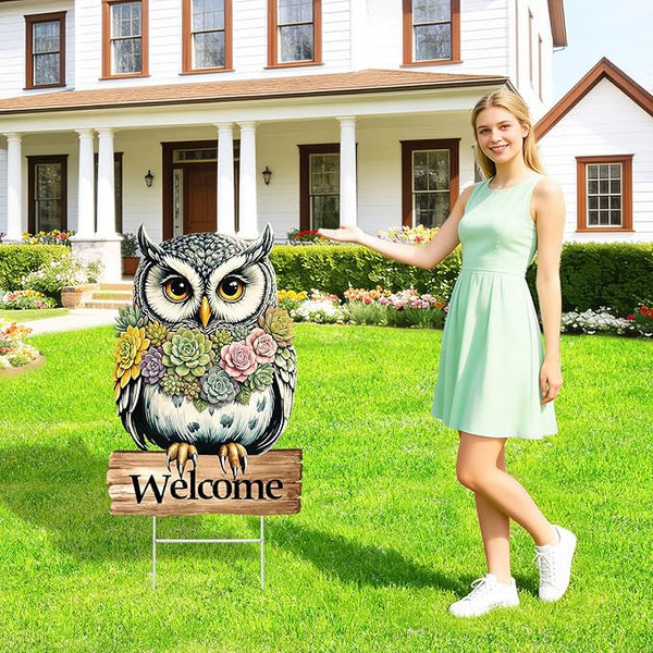Spring Yard Decorations Welcome Owl Yard Sign with Stakes, Farmhouse Front Porch Garden Outdoor Decor Rustic Animal Yard Sign for Seasonal Home Patio Decor