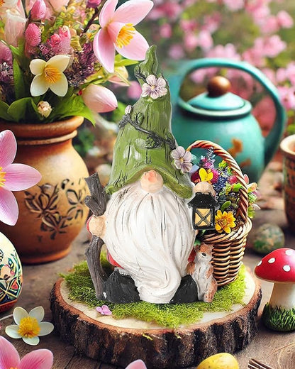 GoGnome Hand-Painted Resin Garden Gnome with Squirrel Figurine - 6.5" Tall Summer and Spring Decorations for Home, Yard, and Garden - Unique Gnome Gifts for All Ages (Green)