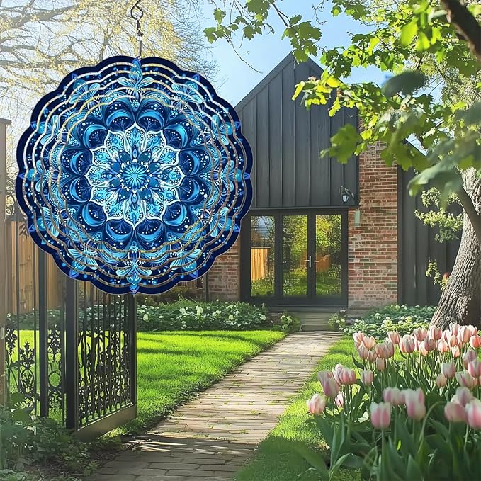 Wind Spinners Outdoor, Hanging Wind Spinner for Garden Decoration, 8 inch 3D Stainless Steel Metal Wind Sculpture for Indoor/Outdoor Decor, Blue Mandala