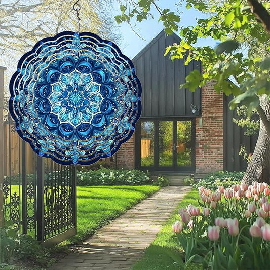 Wind Spinners Outdoor, Hanging Wind Spinner for Garden Decoration, 8 inch 3D Stainless Steel Metal Wind Sculpture for Indoor/Outdoor Decor, Blue Mandala