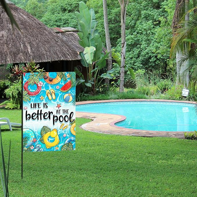 Summer Garden Flags for Outside, LIFE IS BETTER AT THE POOL Small Seasonal Decoration for Farmhouse Holiday Yard Outdoor Decor 12x18 Inch Double Sided