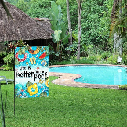 Summer Garden Flags for Outside, LIFE IS BETTER AT THE POOL Small Seasonal Decoration for Farmhouse Holiday Yard Outdoor Decor 12x18 Inch Double Sided