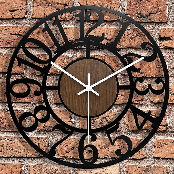 Large Outdoor Clock Silent Battery Operated - Wooden & Black Metal Decorative Clock for Outdoor Covered Patio, Pool Area, Vintage Farmhouse Wall Clock for Living Room/Kitchen/Bedroom - 16 Inch