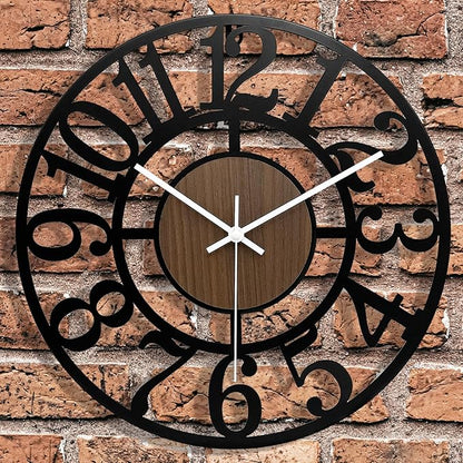 Large Outdoor Clock Silent Battery Operated - Wooden & Black Metal Decorative Clock for Outdoor Covered Patio, Pool Area, Vintage Farmhouse Wall Clock for Living Room/Kitchen/Bedroom - 16 Inch
