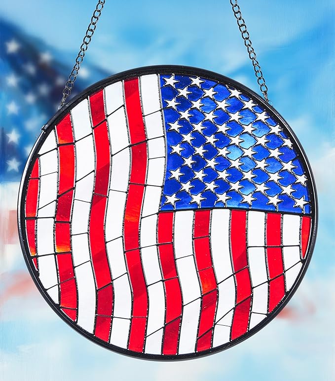 Stained Glass Window Hanging Suncatchers with Patriotic American Flag 12.6", Vibrant Glass Panel with Metal Chain for Home Decor Gift for Women Mother's Day, Birthday, Men, and Mom