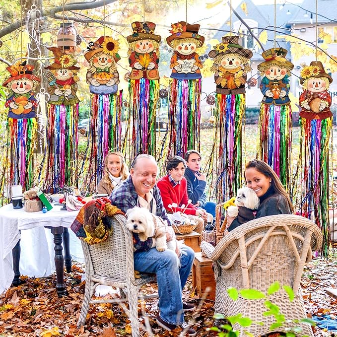DoubleFill 8 Pcs Thanksgiving Scarecrow Outdoor Hanging Decorations with Tassels Fall Scarecrow Decor Autumn Harvest Yard Signs for Farmhouse Festival 3.3 ft Home Lawn Yard Party Supplies Garden Decor