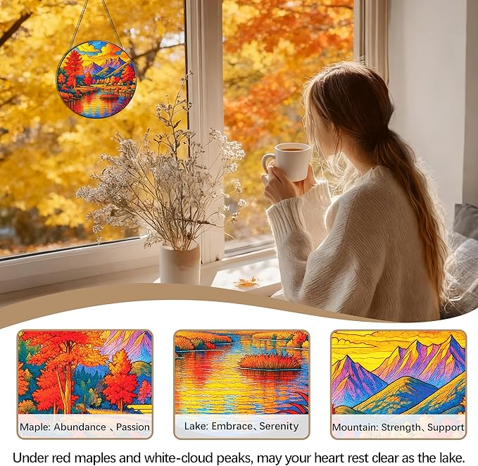 Stained Glass Window Hanging, Autumn Sun Catchers Stained Glass Panels for Indoor Windows Wall Art Decor, Birthday Gift for Mom Women Wife Men Lovers (7.87inch)