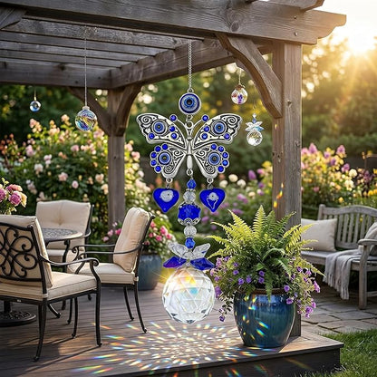 Crystal Suncatcher for Windows - Hanging Prism Sun Catchers with Crystal Balls&Blue Eye, Rainbow Maker for Home、 Garden、Car Decor (Butterfly)