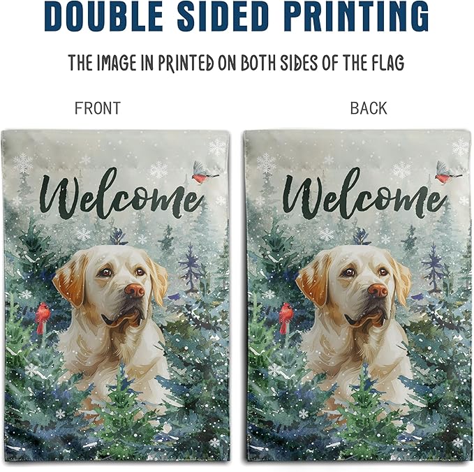 Welcome Winter Garden Flags White Lab Garden Flag Cardinal Birds on Snowy Pine Tree Flag Labrador Dog Yard Flags for Outside 12x18 Double Sided Christmas Decorative Lawn Flags
