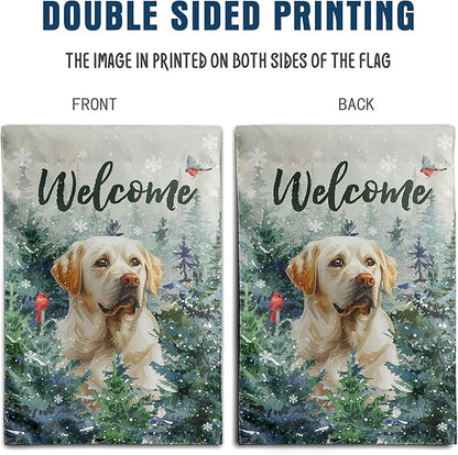 Welcome Winter Garden Flags White Lab Garden Flag Cardinal Birds on Snowy Pine Tree Flag Labrador Dog Yard Flags for Outside 12x18 Double Sided Christmas Decorative Lawn Flags