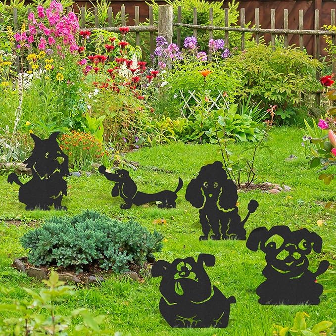 Dog Garden Decor for Outside - 5 Pcs Metal Dogs Statue Yard Stakes Funny Animal Silhouette Outdoor Art Ornaments Waterproof Backyard Lawn Pathway Signs Halloween Christmas Decorations Gifts