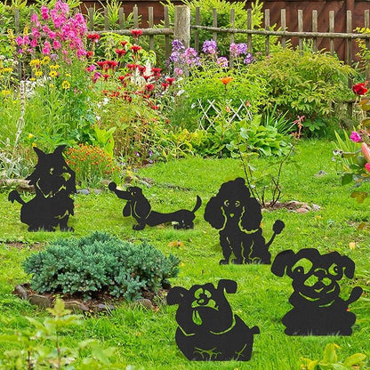 Dog Garden Decor for Outside - 5 Pcs Metal Dogs Statue Yard Stakes Funny Animal Silhouette Outdoor Art Ornaments Waterproof Backyard Lawn Pathway Signs Halloween Christmas Decorations Gifts