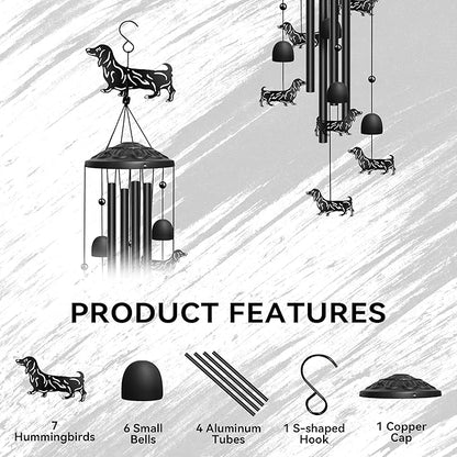 Dachshund Wind Chimes for Outside, Decorative Wind Chimes Dachshund Gifts for Women/Men, Memorial/Birthday Gifts, Garden Decor for Outside, Patio or Yard, Durable Chimes for Outdoors (Black)