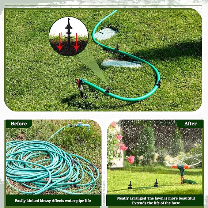 MorningRo 4 Pcs Garden Hose Guide Spike 12 Inch Heavy Duty Metal Hose Support Spike Aluminum Decorative Garden Stakes Protector to Keeps Flower Beds Plant Yard Lawn (Thatched)