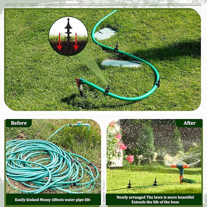 MorningRo 4 Pcs Garden Hose Guide Spike 12 Inch Heavy Duty Metal Hose Support Spike Aluminum Decorative Garden Stakes Protector to Keeps Flower Beds Plant Yard Lawn (Thatched)