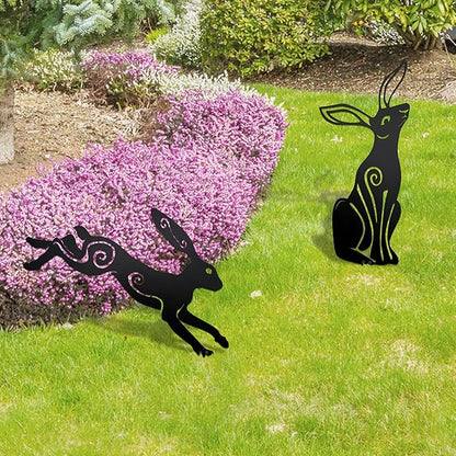 Rustic Metal Bunny Garden Statues – Set of 2 Outdoor Moon Rabbit Decor with Swirling Motifs Bunny Garden Decor Outdoor Sculpture | Metal Easter Yard Art for Patio, Lawn & Easter Gifts