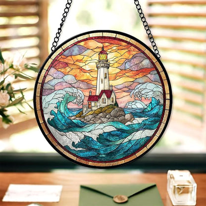 7.8" Lighthouse Suncatcher Stained Glass Window Hanging Ocean Light House Sun Catchers Blue Coastal Ornaments Wall Art Home Garden Room Door Decor Birthday for Women Men