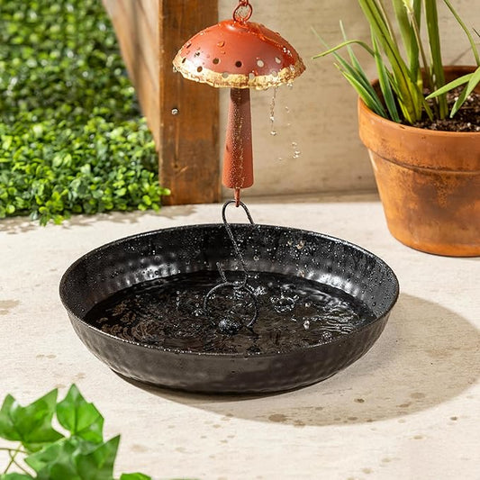 Evergreen Garden 14" Rain Chains Basin, Display Dish w/Chain, Rainwater Collection for Roof Gutter Downspout, Decorative Bowl Rain Chain Basin for Garden & Patio (Black Textured)