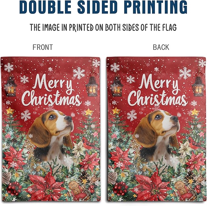 Christmas Beagle Garden Flag Merry Christmas Dog Yard Flag for Outside Xmas Flags 12x18 Double Sided Red Poinsettia Garden Flags Winter Porch Decorations Outdoor