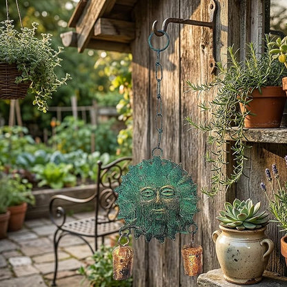 Metal Sun Wind Chime with Cow Bells – 12.6" x 4.6", Green Patina & Copper Finish, Celestial Garden Decor for Patio, Porch, or Balcony