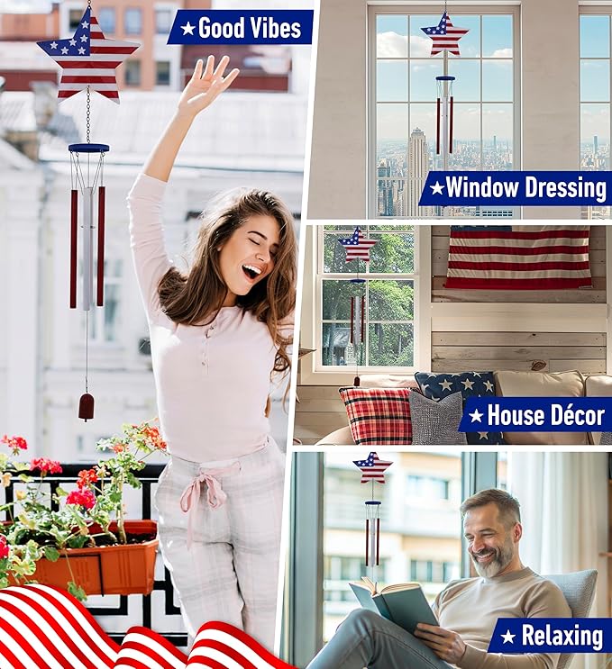 CoTa Global USA Flag Star Wind Chime - American Flag Patriotic Indoor or Outdoor Windchime Home Decor with Hanging Bells, Handcrafted Glass and Metal Wind Chimes for Yard, Garden, Porch – 37.7 Inch