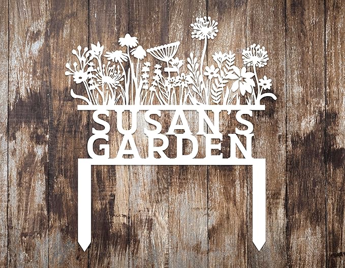 Personalized Flowers Garden Sign with Stakes, Custom Flowers Metal Garden Decor, Sign for Flower Beds, Metal Yard Art, Gift for Grandmother, Gift for Mom, Patio Garden Decorations, Housewarming Gift